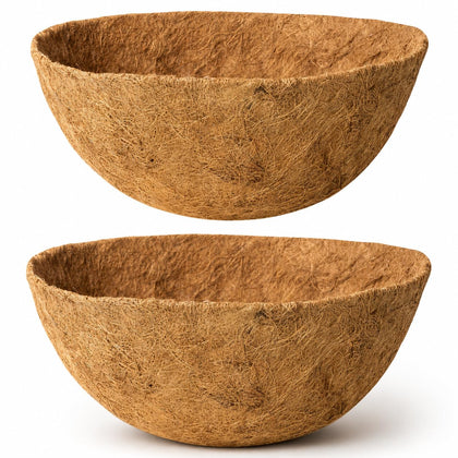 Y&M 16-inch round coco liner fitting into a wall hanging basket for neat planting