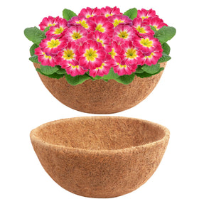 Y&M 18-inch half-round coco liner fits baskets, keeping roots cool and moist.