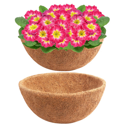 Y&M 18-inch half-round coco liner fits baskets, keeping roots cool and moist.