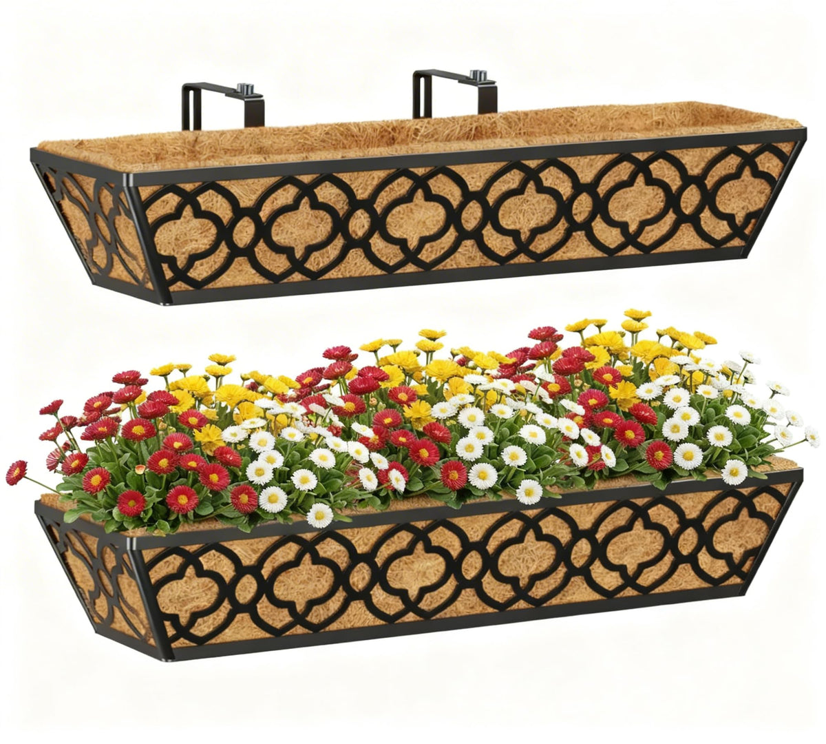 Y&M deck railing planter box on a 24-inch rail for easy outdoor display