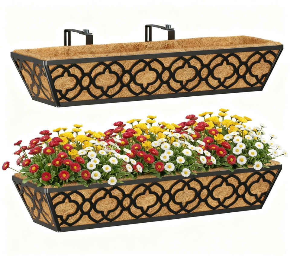 Y&M deck railing planter box on a 24-inch rail for easy outdoor display