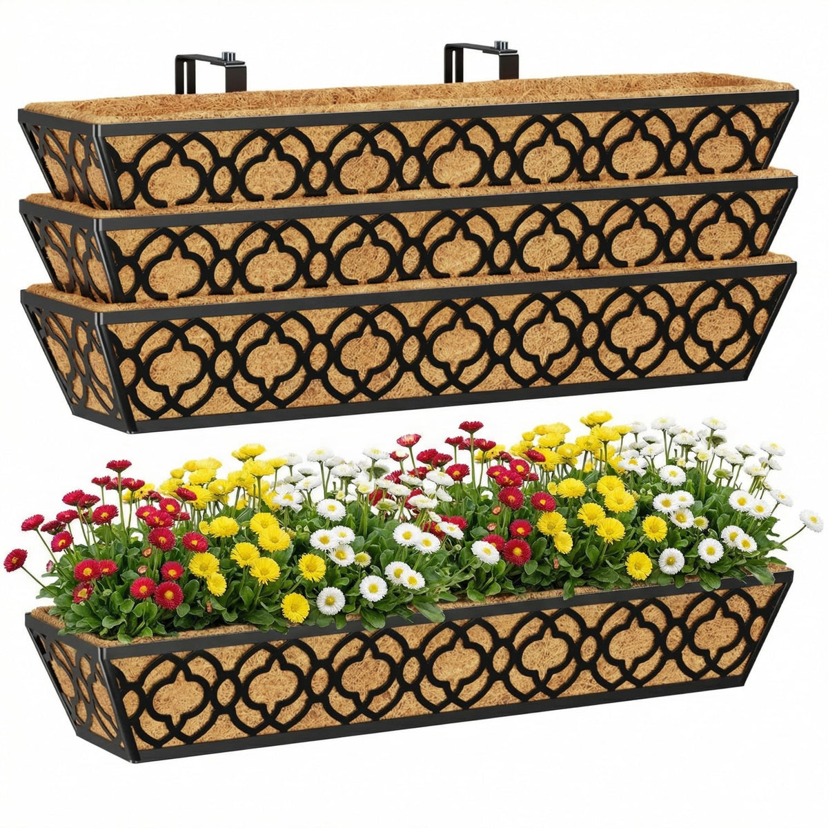 Y&M 30-inch deck railing planter box assembly demonstrates sturdy fit on rails