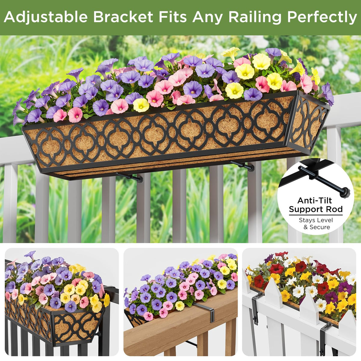 Y&M deck railing planter box side view highlights slim footprint for balcony use