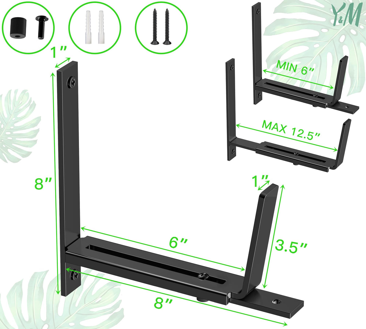 Y&M heavy-duty iron wall brackets with rust-resistant coating for outdoor use.