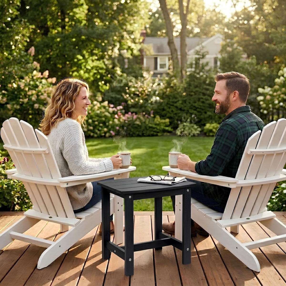 Y&M waterproof square outdoor table with slatted drainage for rain resistance.