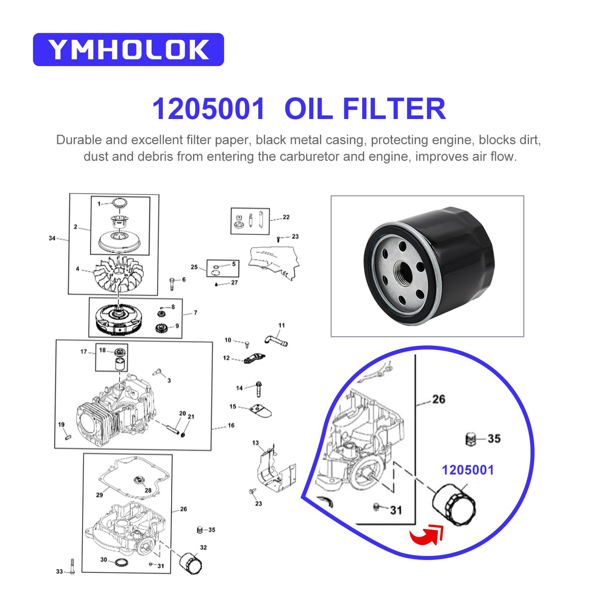 Ymholok oil filter on XT1 Enduro lawn tractor supports engine longevity
