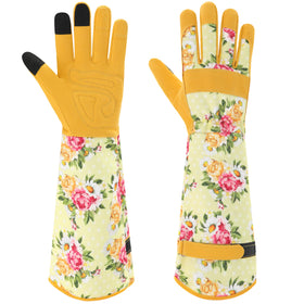 Ymomode women's long-sleeve gloves with yellow polka dots for stylish garden protection.