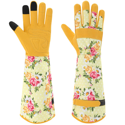 Ymomode women's long-sleeve gloves with yellow polka dots for stylish garden protection.