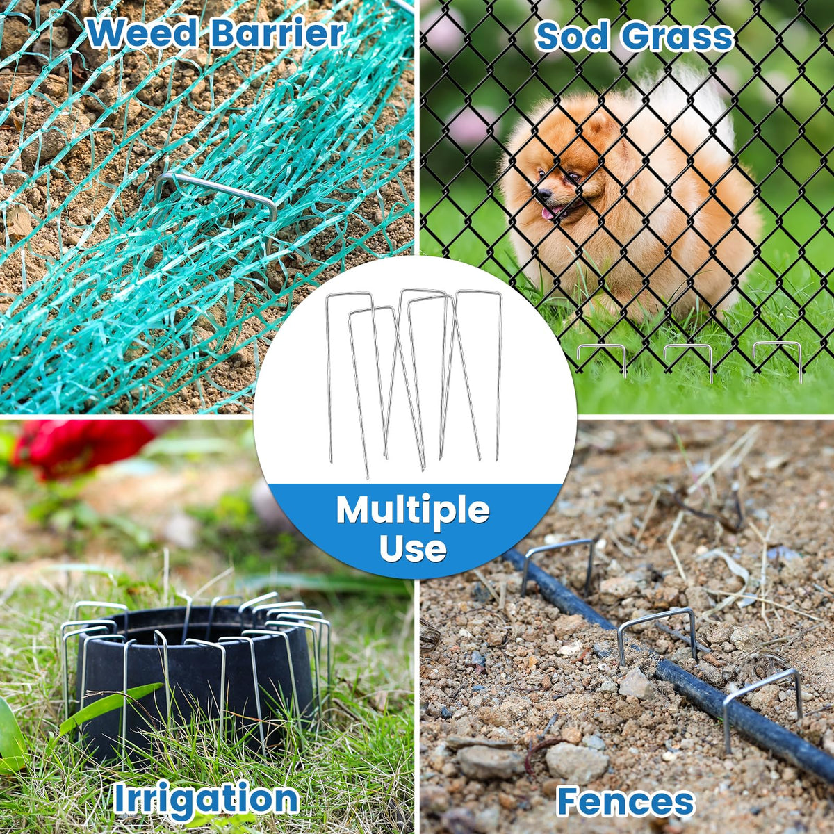Ymomode multiuse stakes secure landscape fabric, hoses, and decor