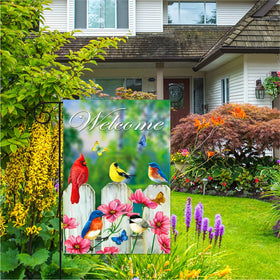 YMYIELD Welcome Friends Bird Garden Flag back view showing double-sided print