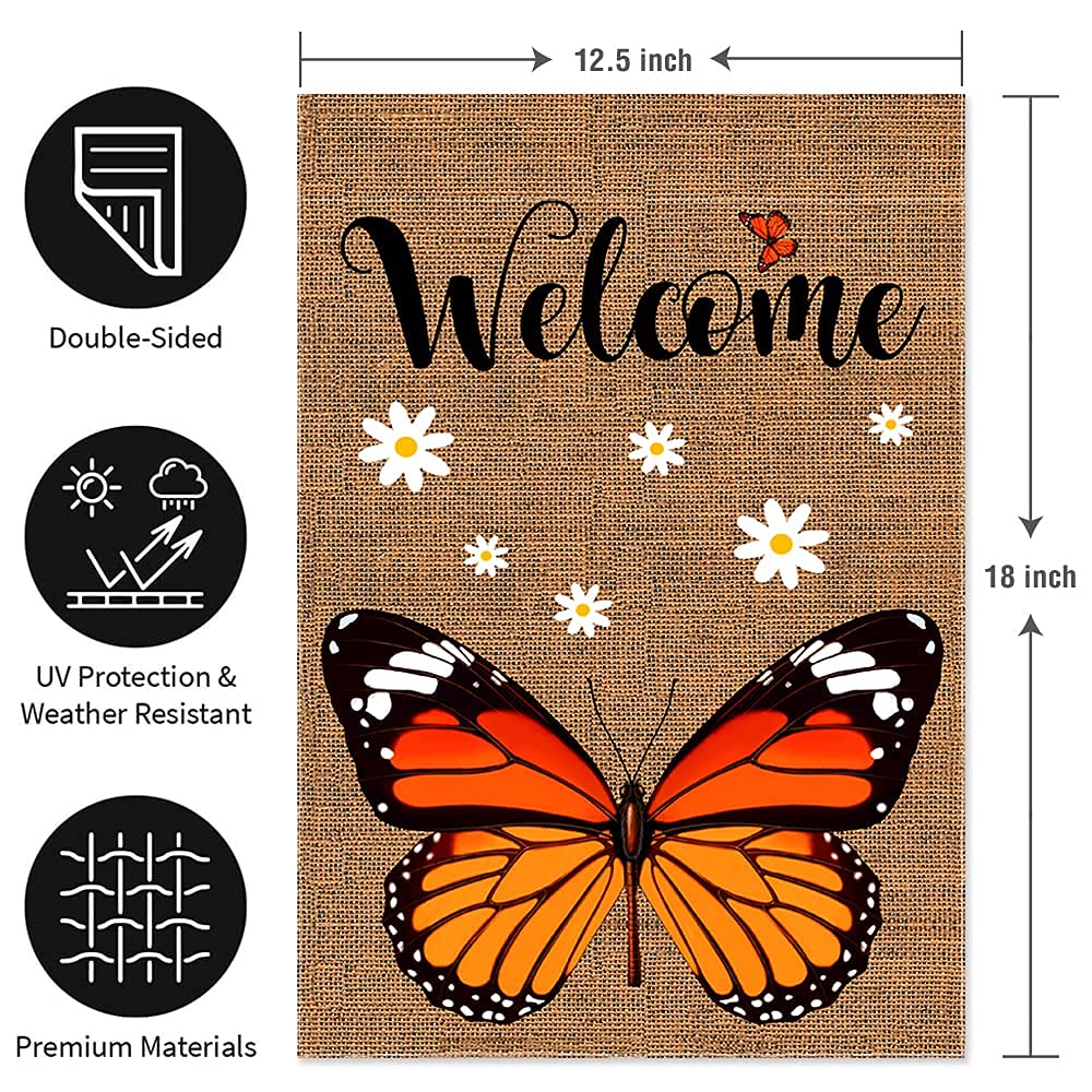YMYIELD Welcome Monarch flag fabric close-up, durable polyester burlap