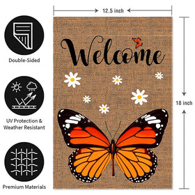YMYIELD Welcome Monarch flag fabric close-up, durable polyester burlap