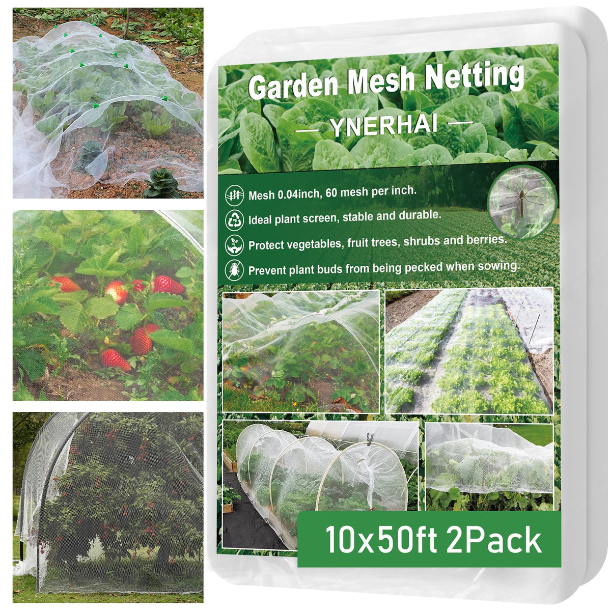 YNERHAI 2-pack garden netting draped over raised beds protects crops while letting light through.