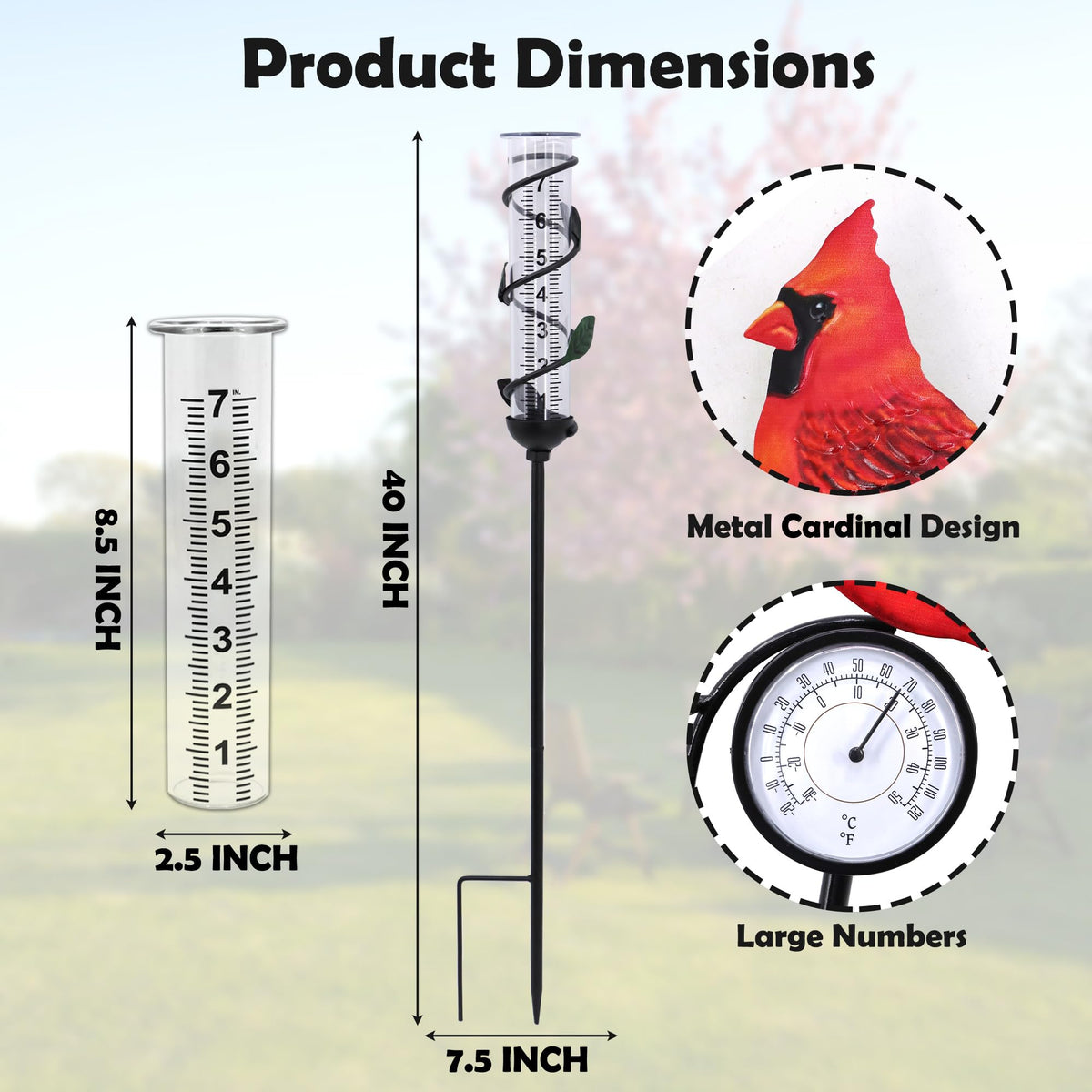YNGFIL metal base rain gauge stands securely in outdoor spaces.