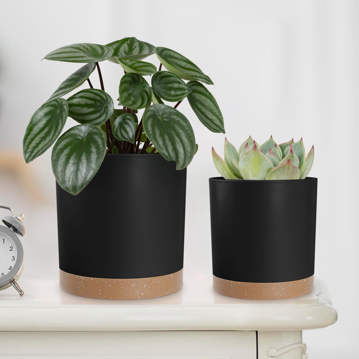 YNNICO 5-inch pot with drainage saucer set, keeps surfaces clean while watering.