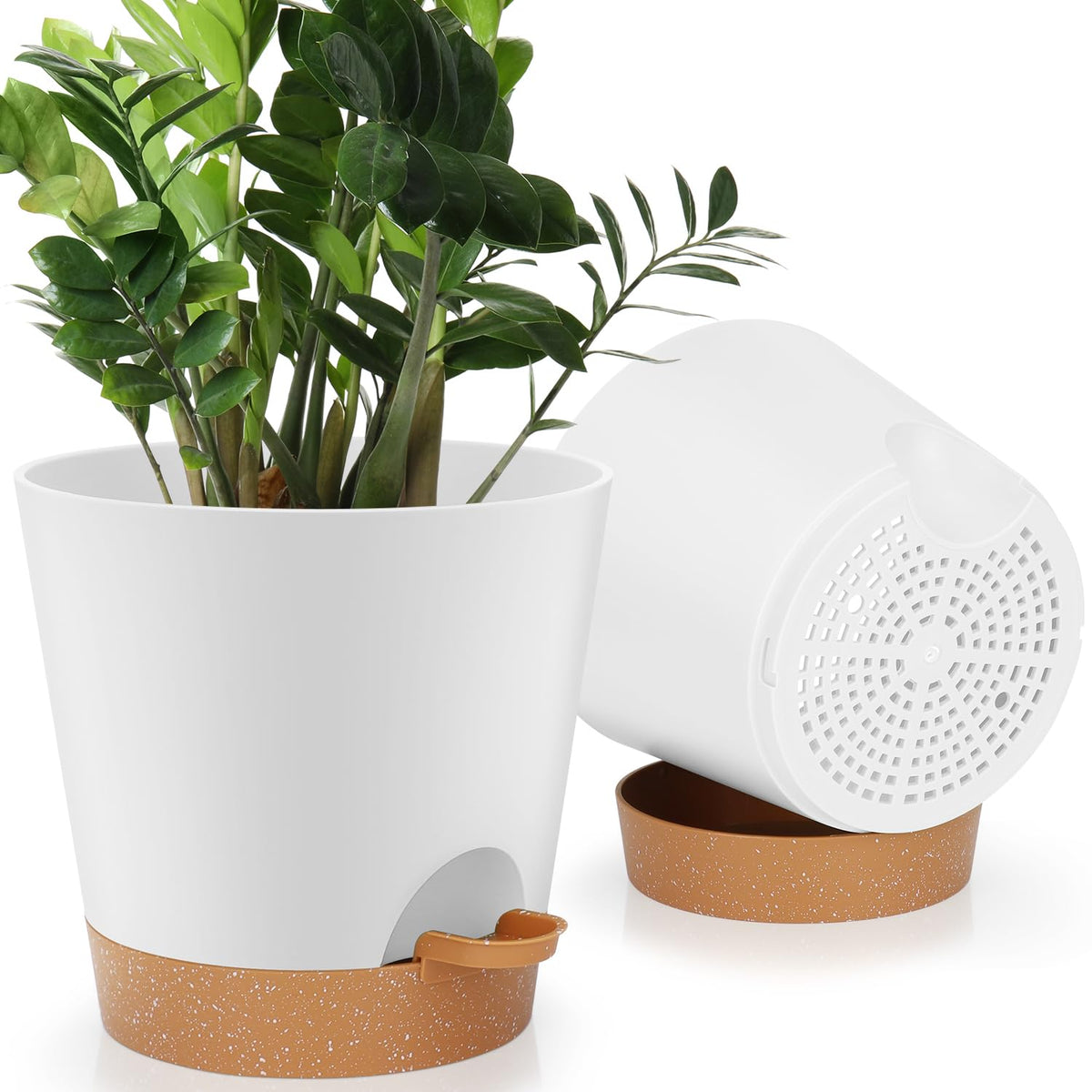 YNNICO 8-inch self-watering pot with saucer keeps indoor herbs hydrated.