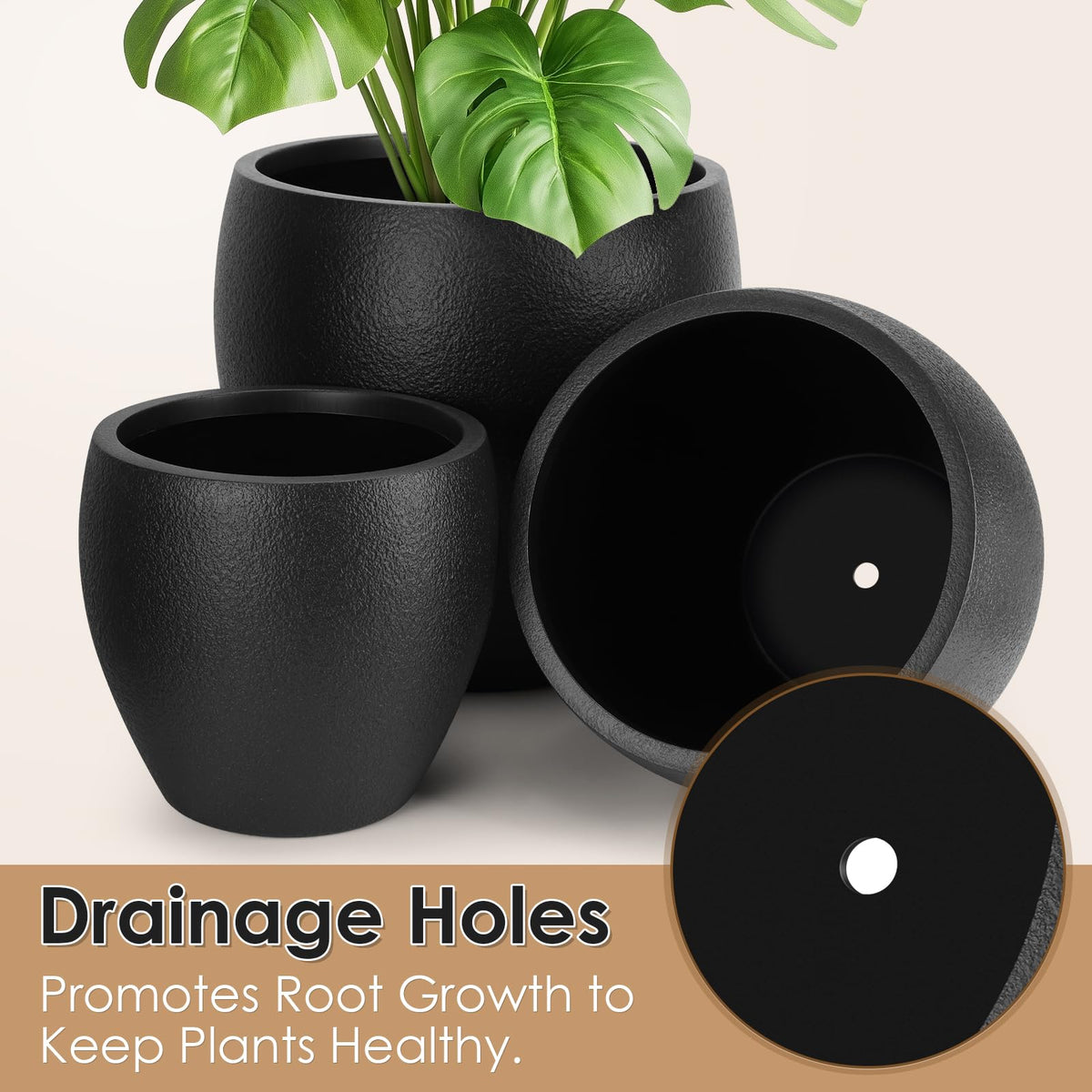 YNNICO plant pot 12-2-inch drainage-hole close-up shows drainage and ventilation.