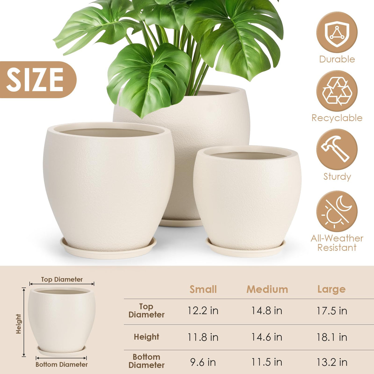 YNNICO 14-8 inch planter, durable lightweight polyethylene for easy repositioning.