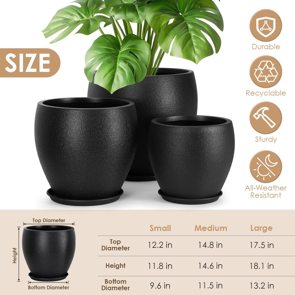 YNNICO plant pot set of 3 on patio shows multi-size outdoor arrangement.