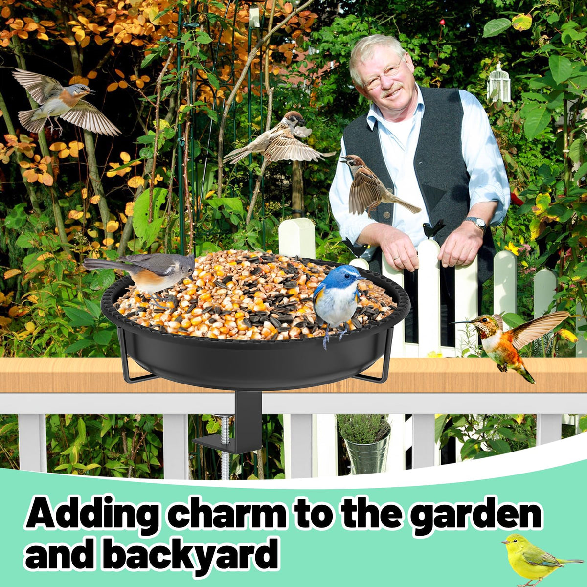 YOADEHOA birdbath shown with visiting birds for natural garden appeal.