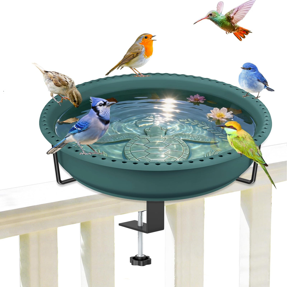 YOADEHOA deck-rail birdbath with clamp offers easy watering for wild birds
