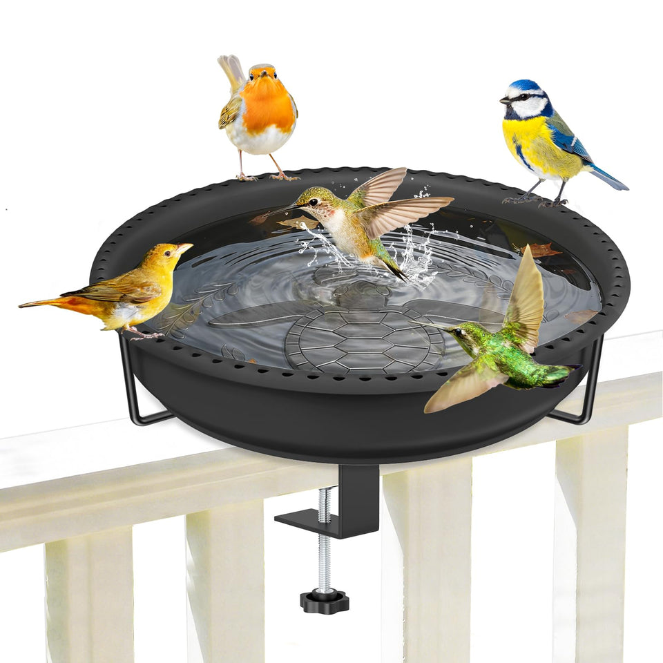YOADEHOA birdbath on a railing with a rustproof clamp for outdoor gardens.