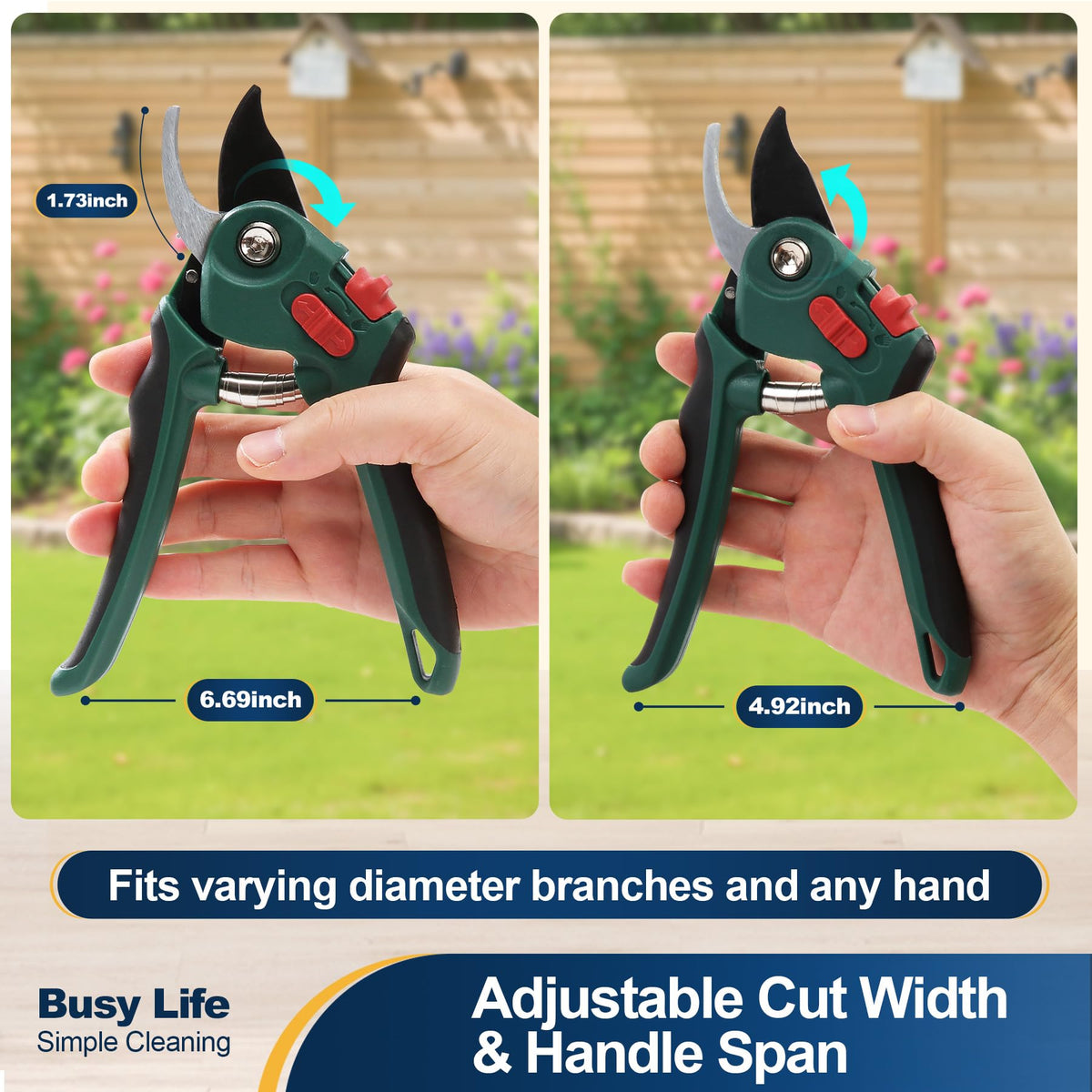 Yocada ergonomic handle on pruning shears for comfortable one-handed use.