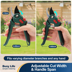 Yocada ergonomic handle on pruning shears for comfortable one-handed use.