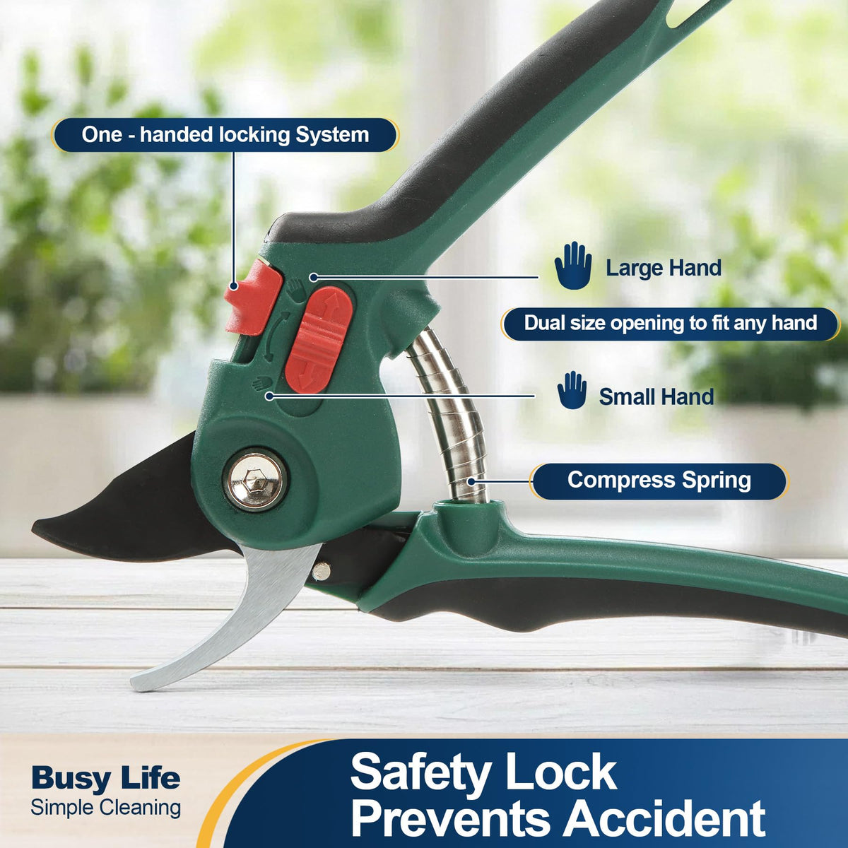 Yocada pruning shears safety lock keeps blades secured when idle.