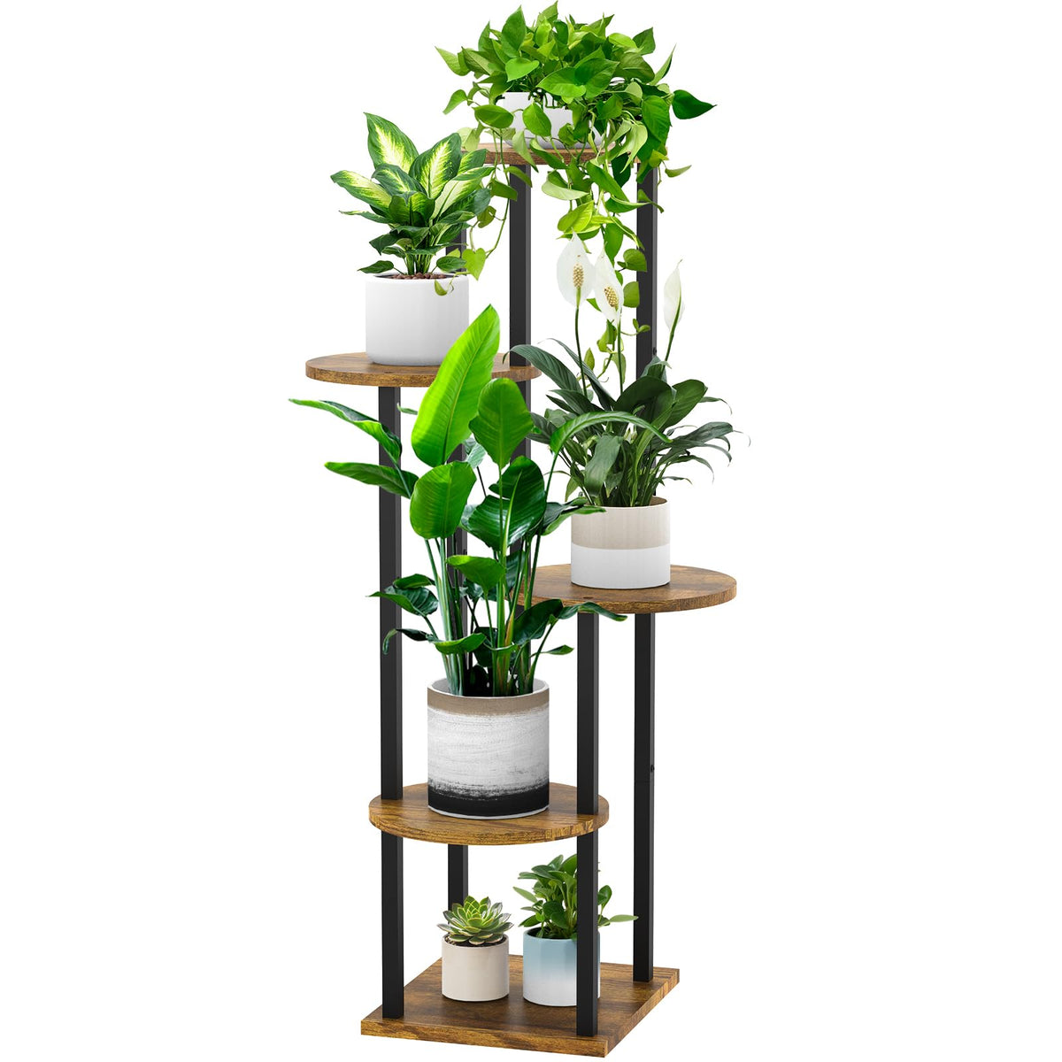 YOCOMEY 5-tier wood plant stand displays multiple pots in a corner