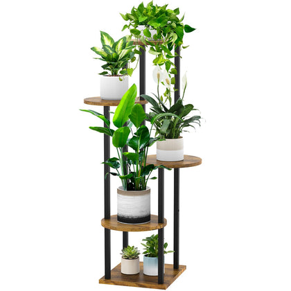 YOCOMEY 5-tier wood plant stand displays multiple pots in a corner