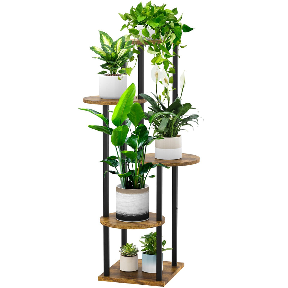 YOCOMEY 5-tier wood plant stand displays multiple pots in a corner