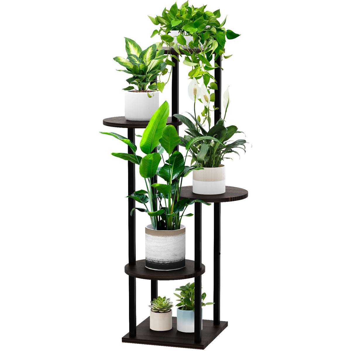 YOCOMEY 5-tier wood plant stand side view showing spacious plant display with sunlight access.