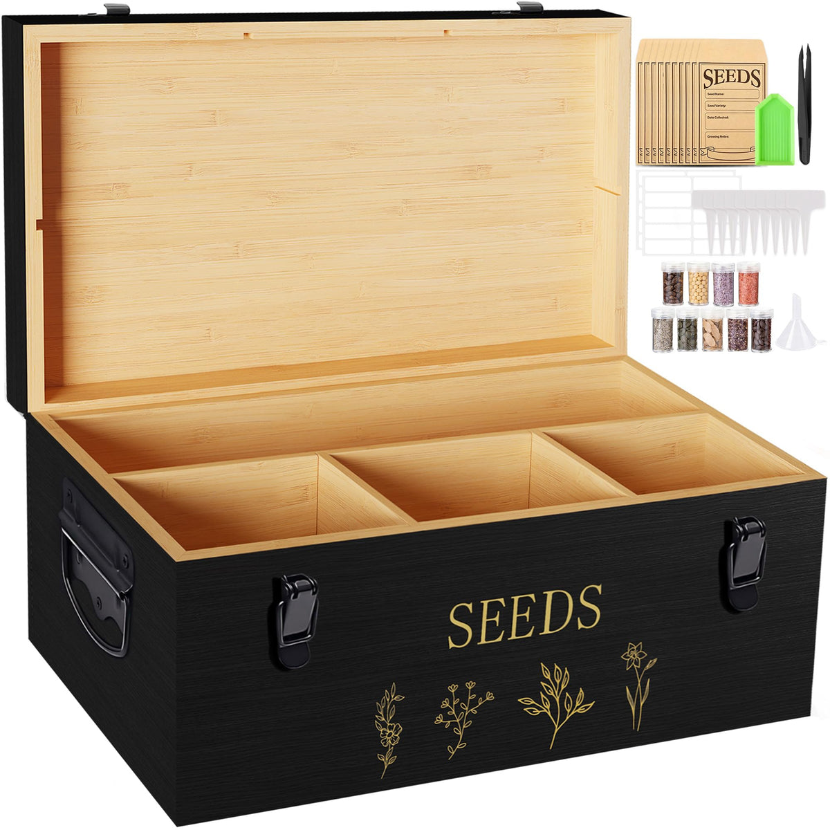 Yocookus bamboo seed storage organizer with black lid demonstrating organized seed storage