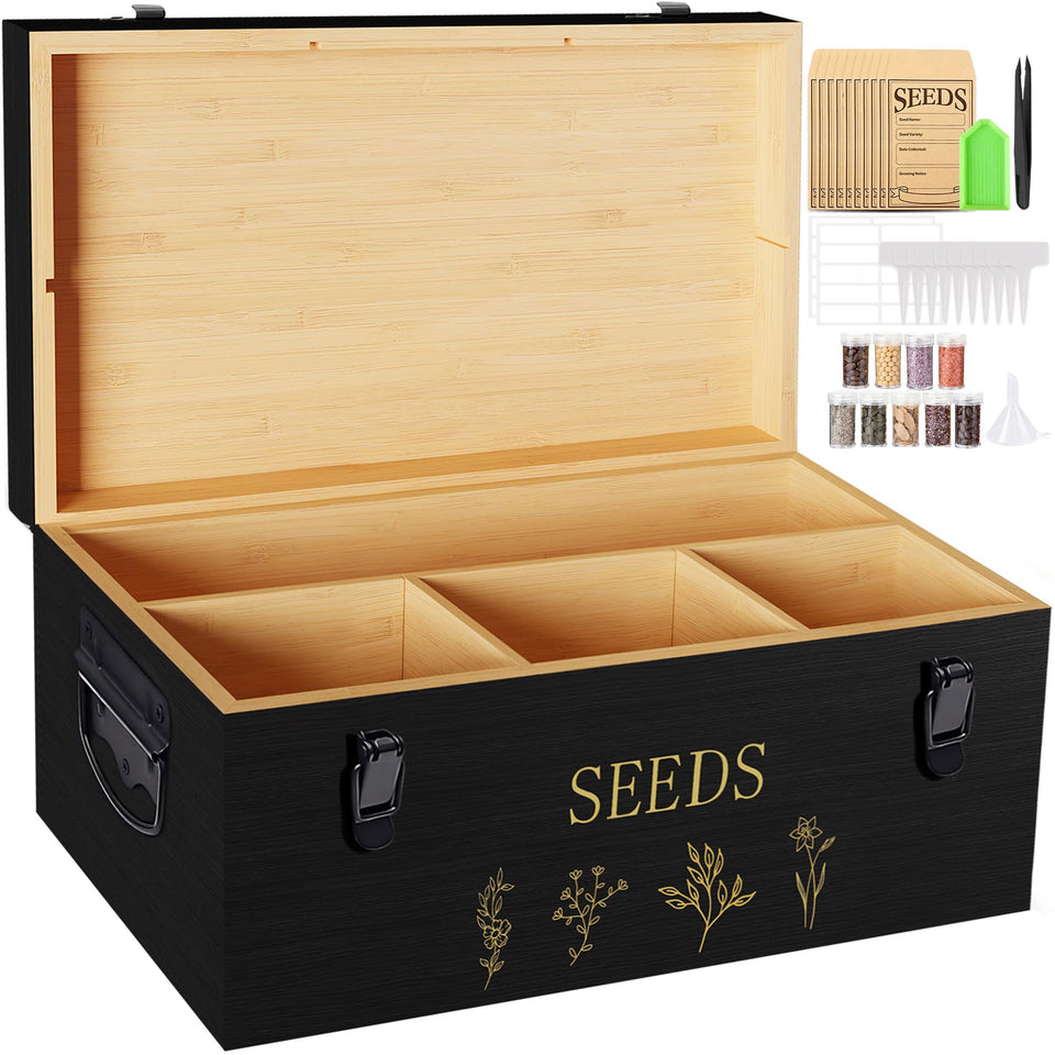 Yocookus bamboo seed storage organizer with black lid demonstrating organized seed storage