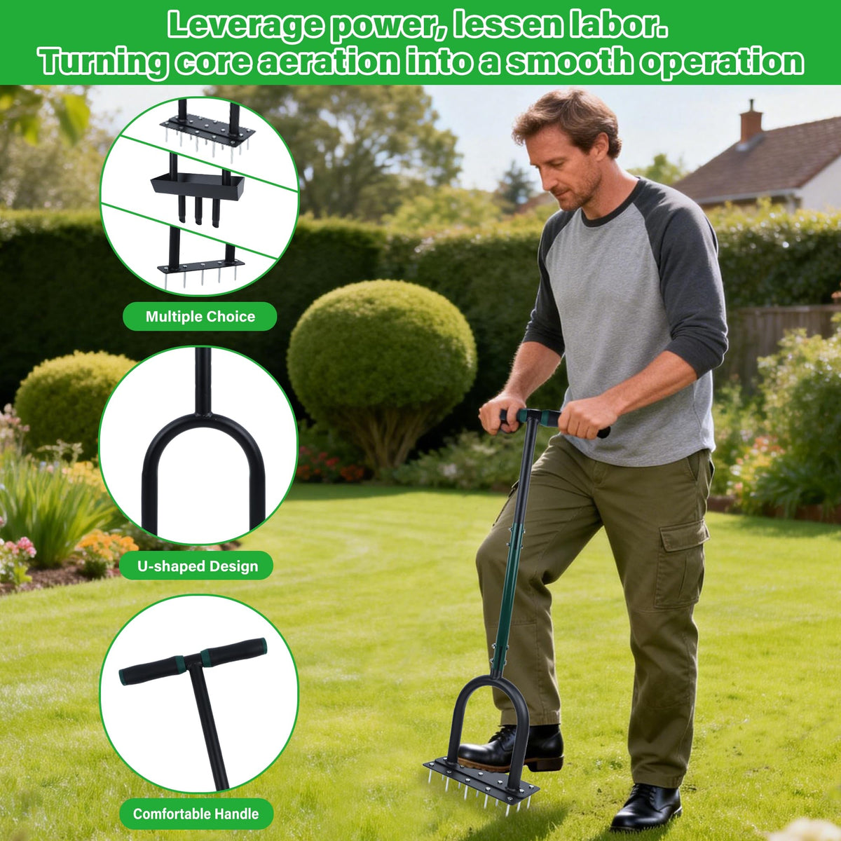 YOFIT stand-up design reduces bending during lawn work.