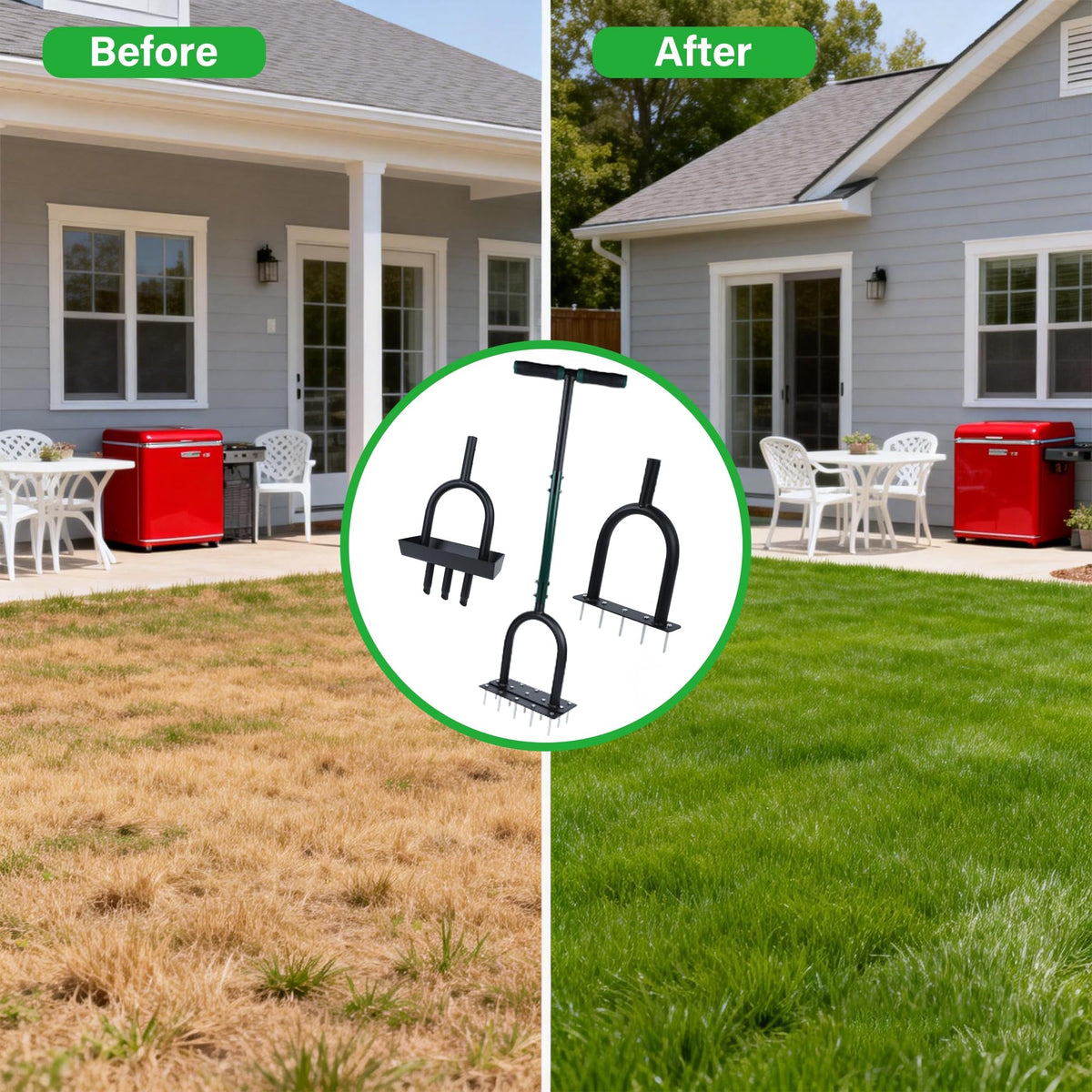 YOFIT lawn care in action with core and spike aeration.