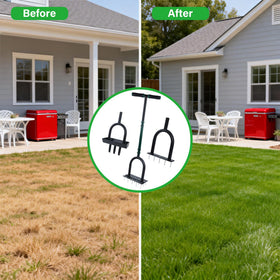 YOFIT lawn care in action with core and spike aeration.