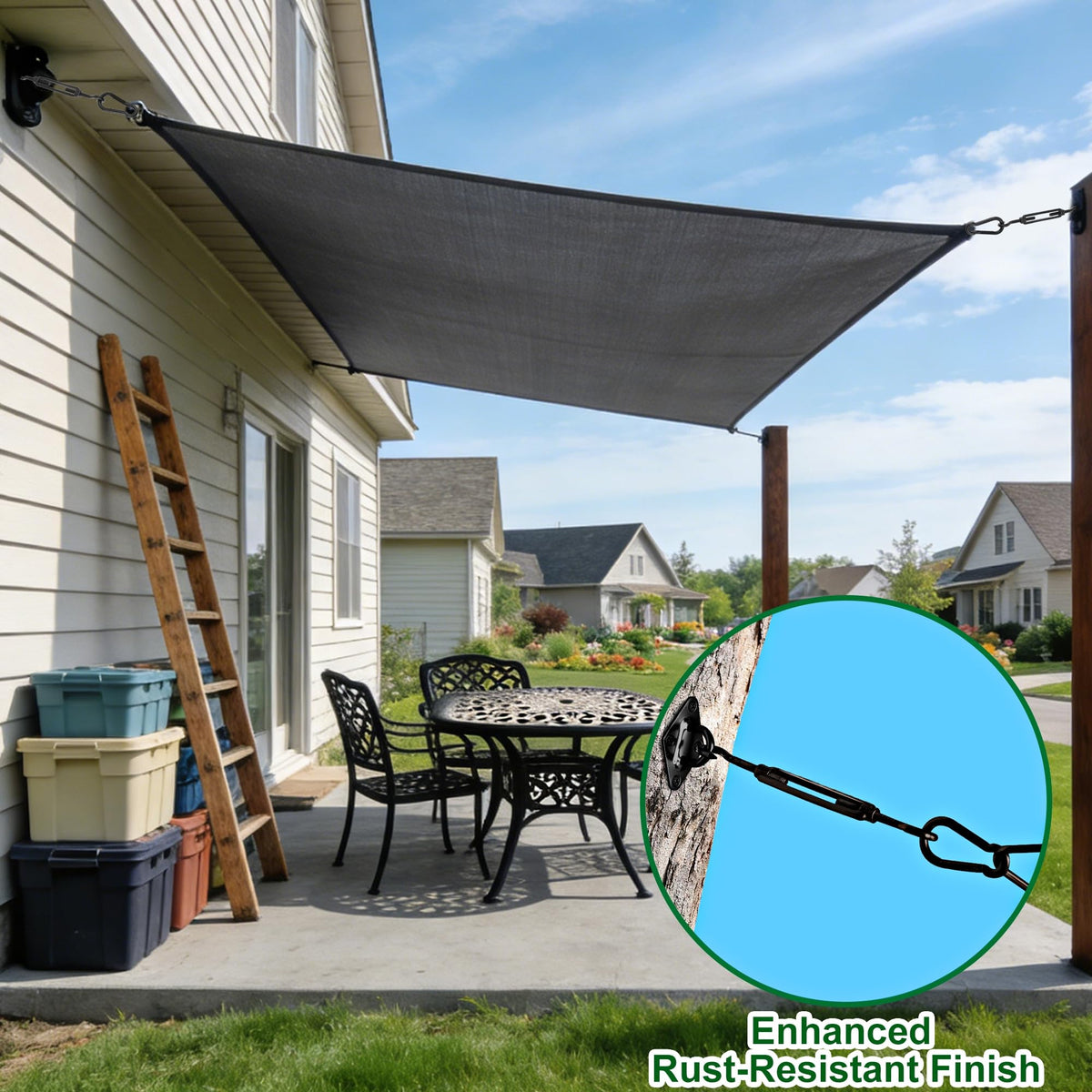 YOFIT hardware kit with snap hooks and pad eyes for quick, reliable shade sail setup.