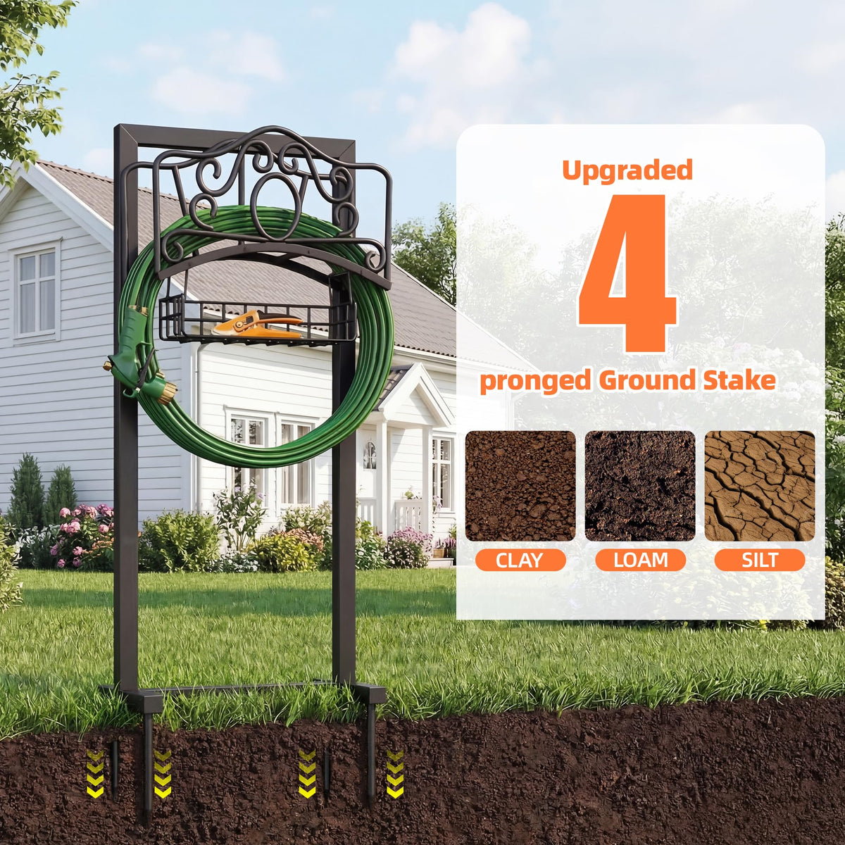 YOFOVI freestanding hose stand offers flexible placement outdoors.