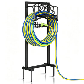 YOFOVI garden hose holder with 4-spike base keeps hoses secure and upright.
