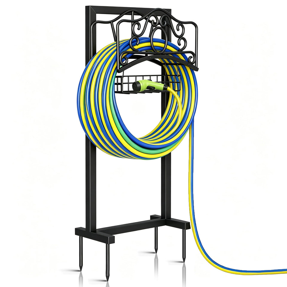 YOFOVI garden hose holder with 4-spike base keeps hoses secure and upright.