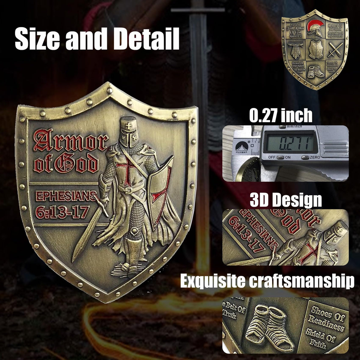 YOiqi Armour of God coin side sculpture—detailed relief for stands.