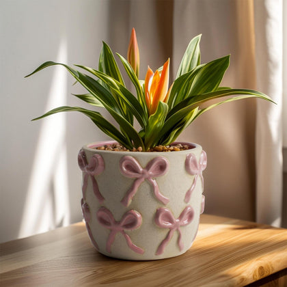 Yokiiimakiii pink bow ceramic pot for indoor plants with durable glaze