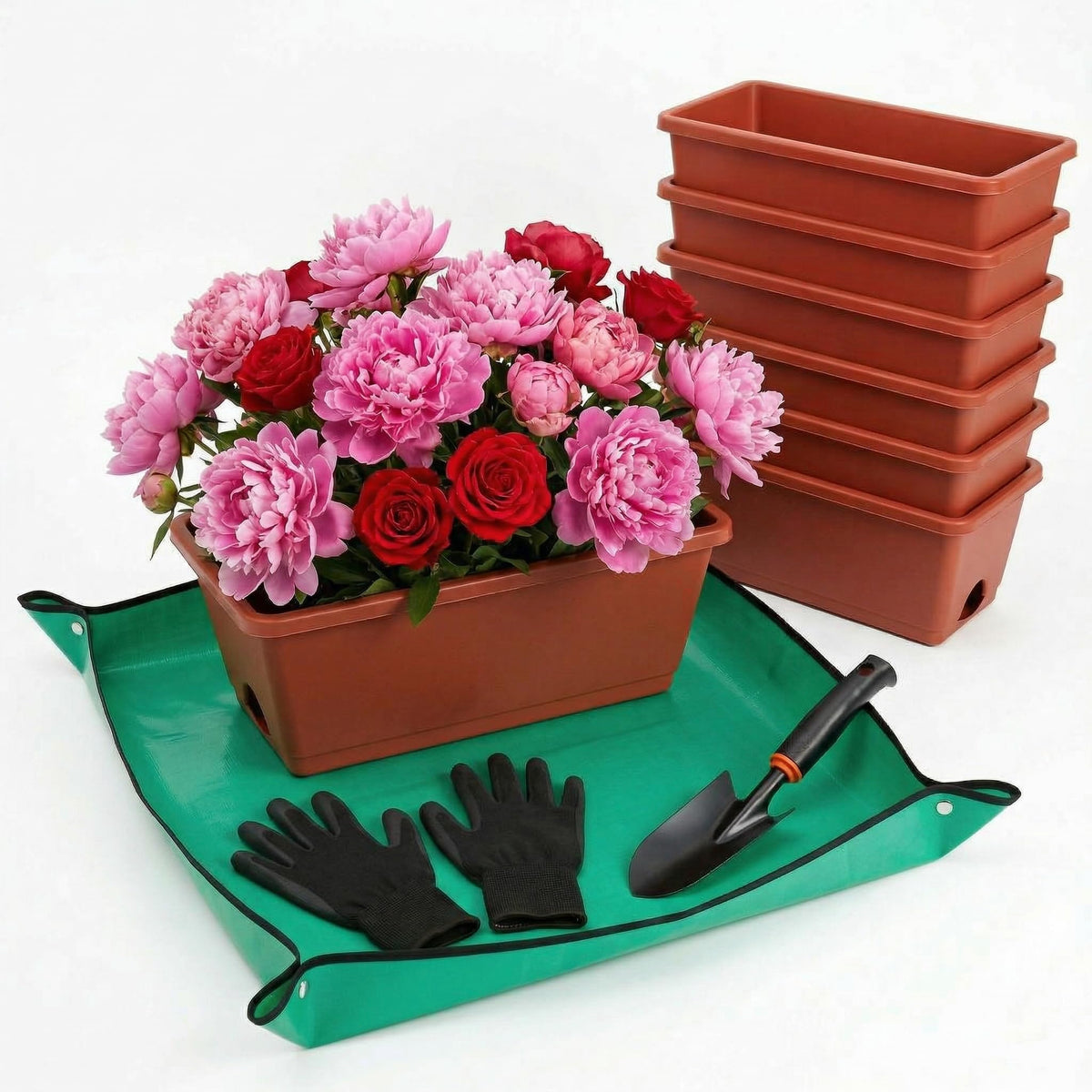 Yokodaza red window box planters seven-pack, full set for flexible indoor and outdoor gardening.