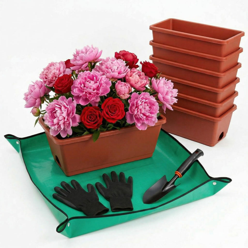 Yokodaza red window box planters seven-pack, full set for flexible indoor and outdoor gardening.