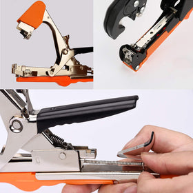 Yolando plant tying machine in a garden setup supporting vines without damage.