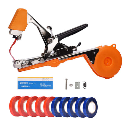 Yolando plant tying machine in use with ergonomic handle for efficient garden binding.