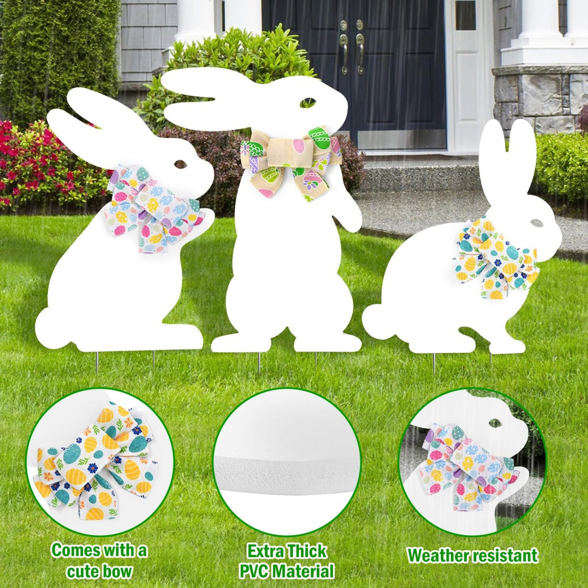 Three-piece bunny sign set adds cheerful charm to lawns.