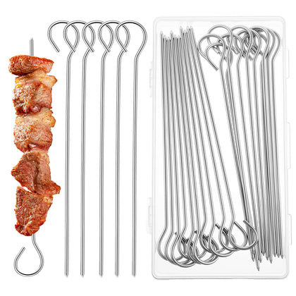 Yolev 6-inch stainless steel skewers ready for grilling meats and vegetables